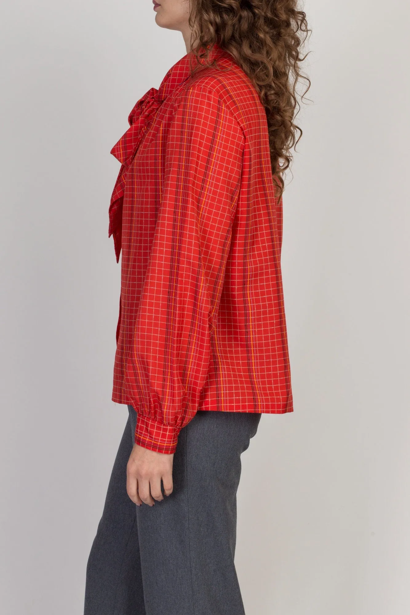 80s Red Grid Striped Secretary Blouse - Large to XL