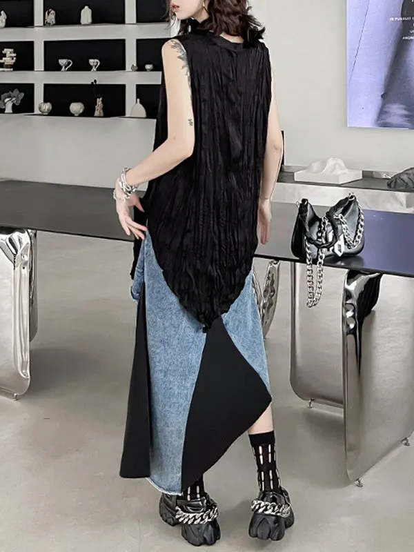 Asymmetric Contrast Color Fringed Pleated Split-Joint Skirts