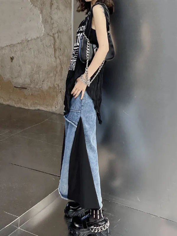 Asymmetric Contrast Color Fringed Pleated Split-Joint Skirts