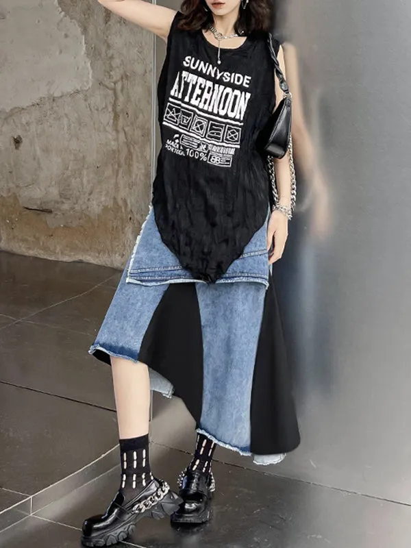 Asymmetric Contrast Color Fringed Pleated Split-Joint Skirts