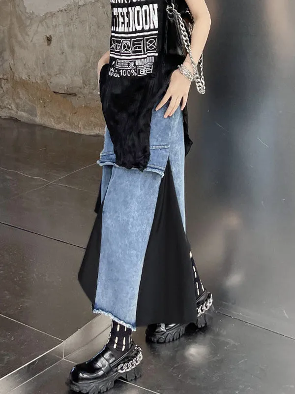 Asymmetric Contrast Color Fringed Pleated Split-Joint Skirts