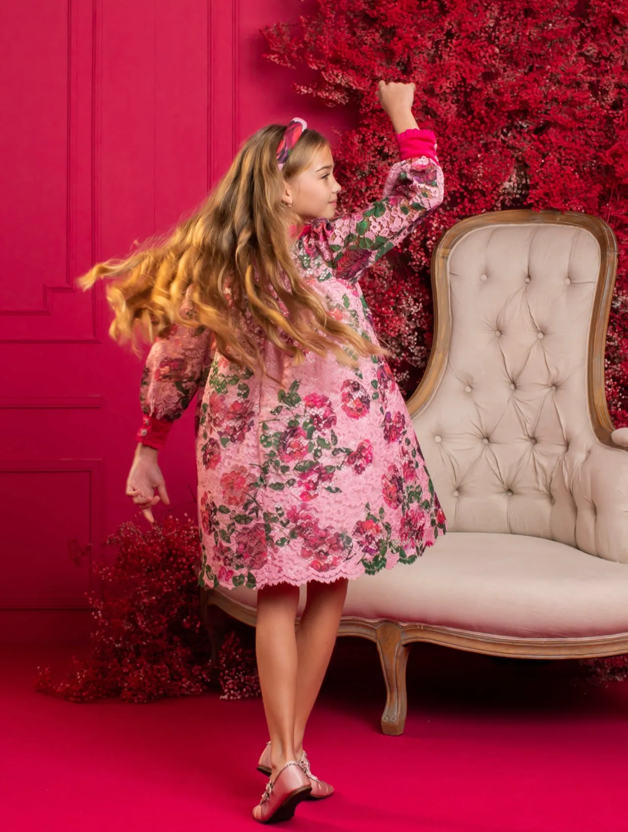 Beautiful Girls Pink Floral Lace and Velvet Dress.