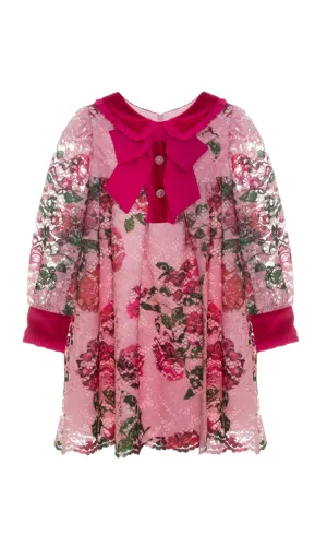 Beautiful Girls Pink Floral Lace and Velvet Dress.