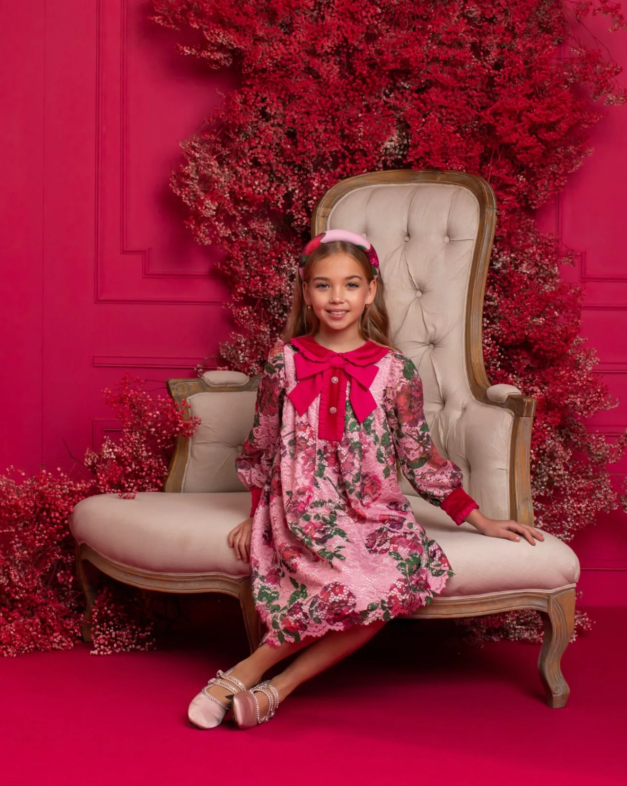 Beautiful Girls Pink Floral Lace and Velvet Dress.