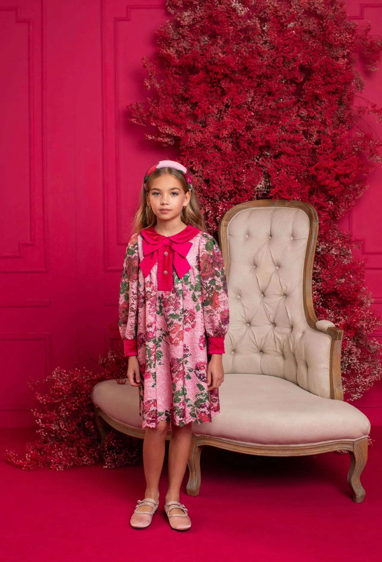 Beautiful Girls Pink Floral Lace and Velvet Dress.