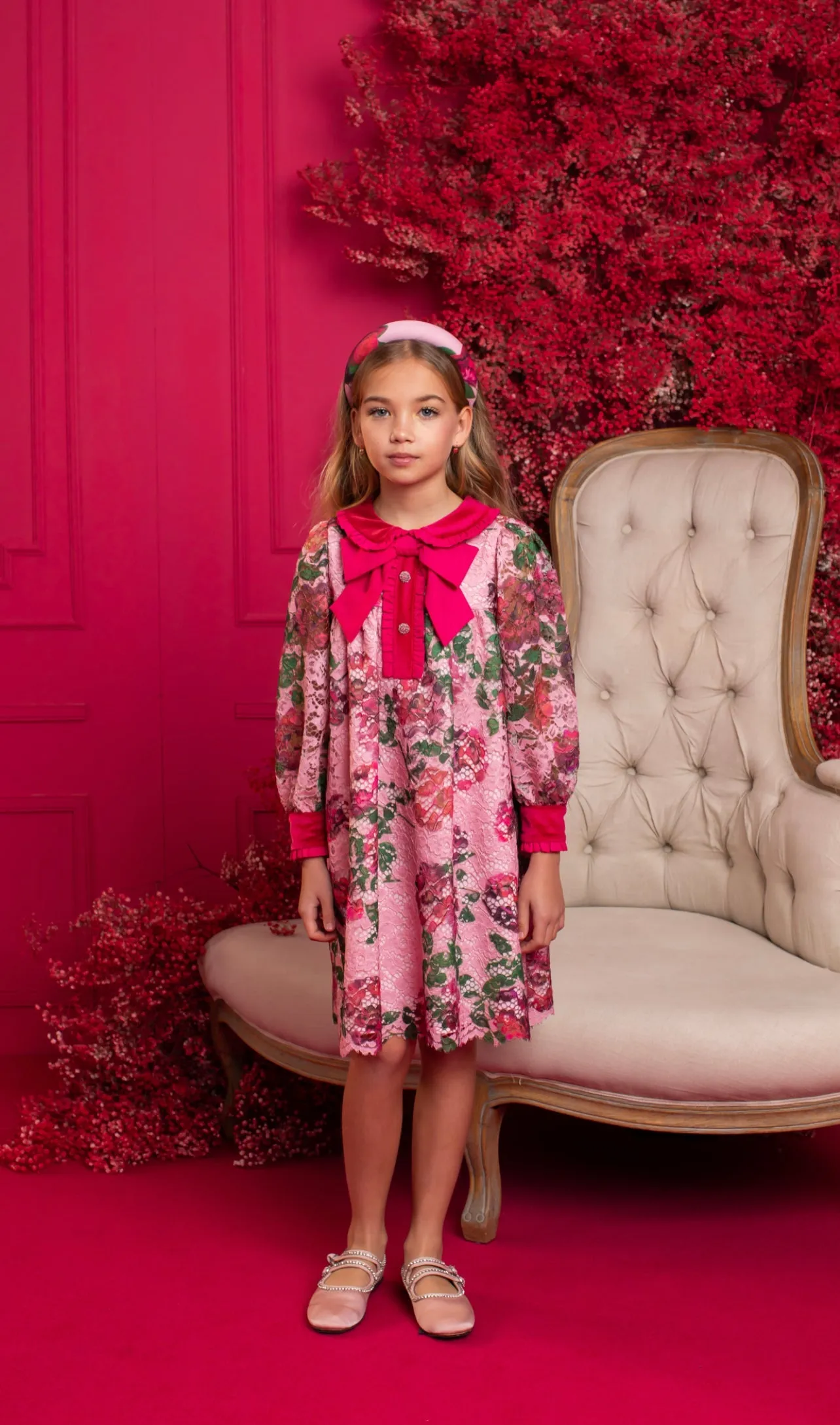 Beautiful Girls Pink Floral Lace and Velvet Dress.