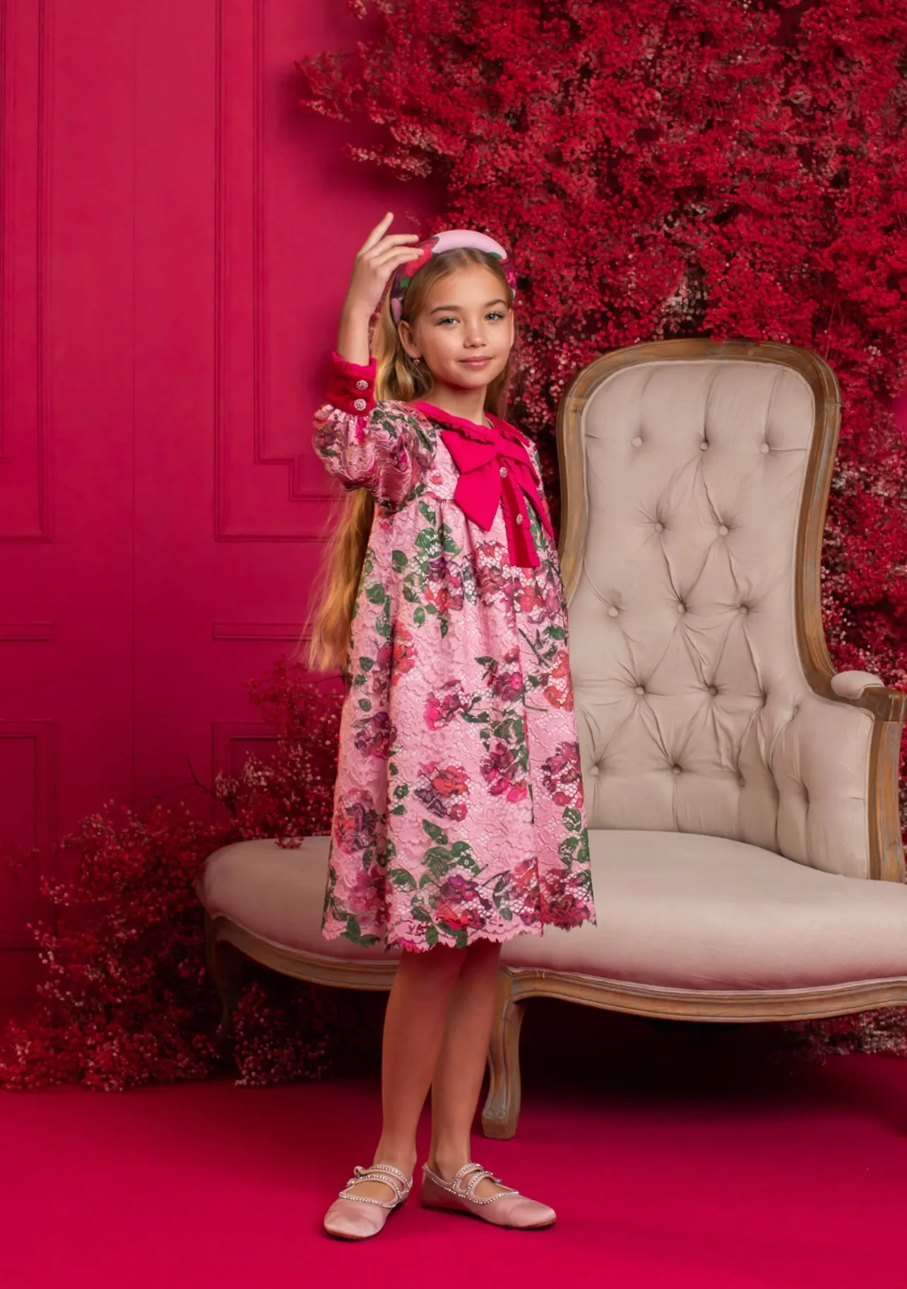 Beautiful Girls Pink Floral Lace and Velvet Dress.