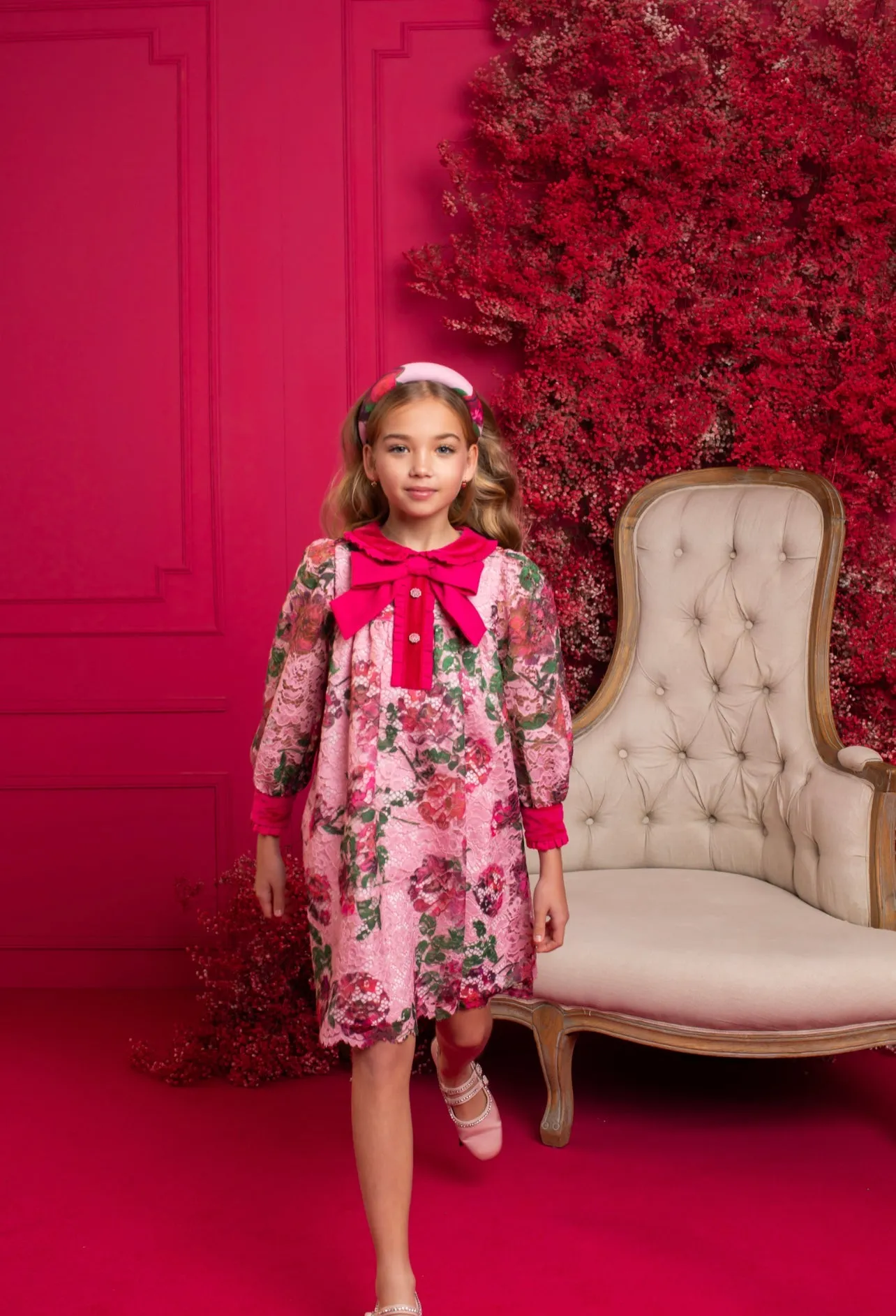 Beautiful Girls Pink Floral Lace and Velvet Dress.