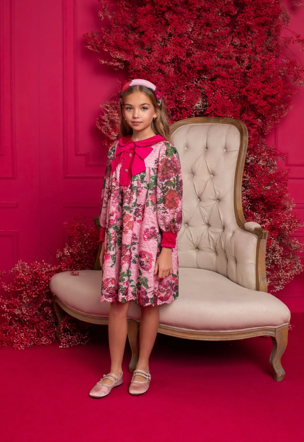 Beautiful Girls Pink Floral Lace and Velvet Dress.