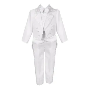 Big Boys White 5 Piece Vest Pants Tail Jacket Jacquard Tuxedo Suit 8-14