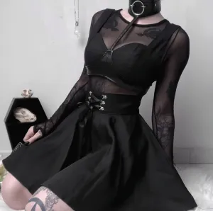 Black Lace Up High Waist Skirt