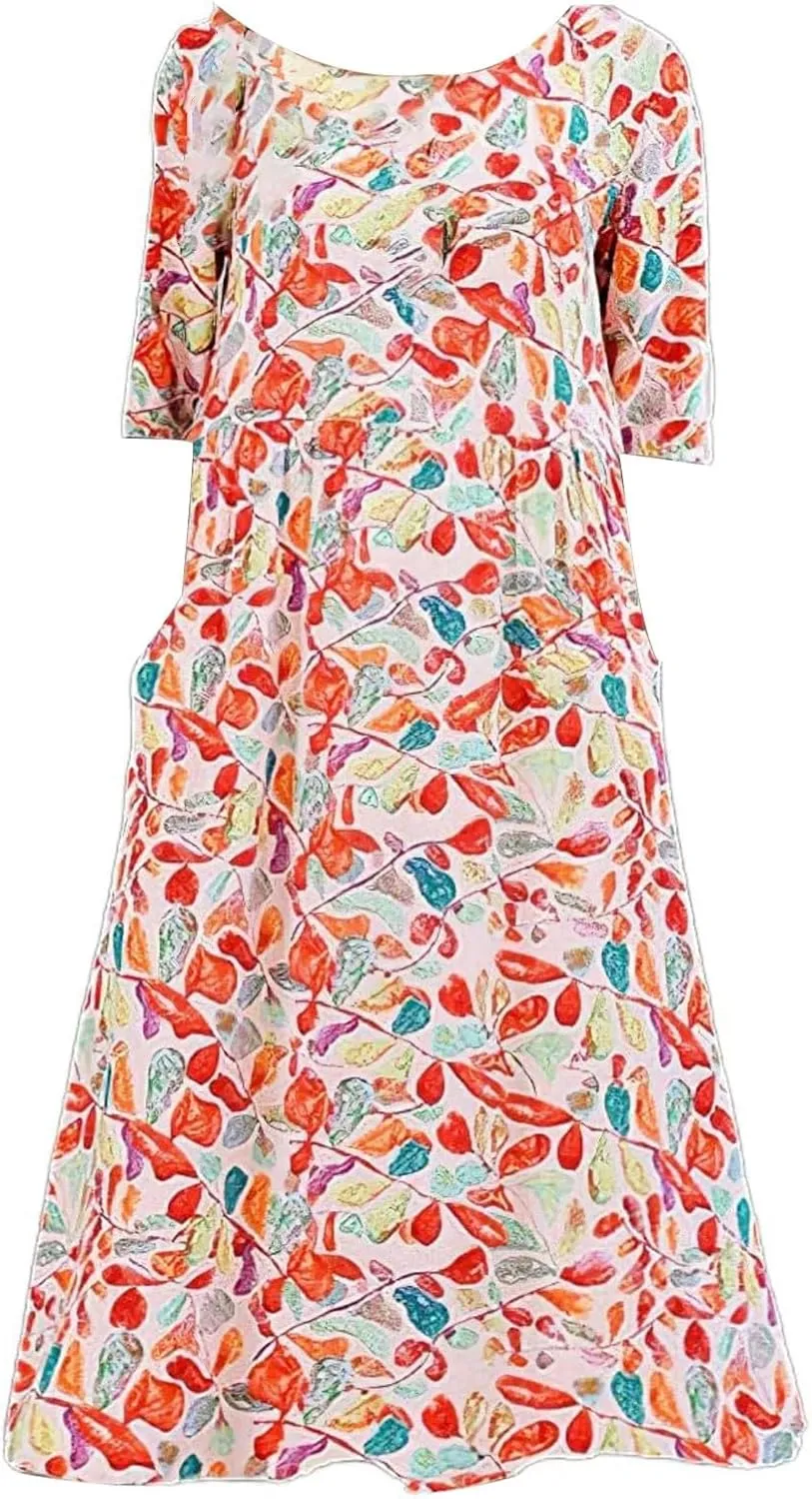 Boho Dress for Women Floral Print Crewneck Short Sleeve Tiered Pleated Long Sundresses Summer Casual Loose Dresses