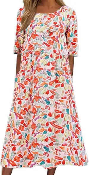 Boho Dress for Women Floral Print Crewneck Short Sleeve Tiered Pleated Long Sundresses Summer Casual Loose Dresses