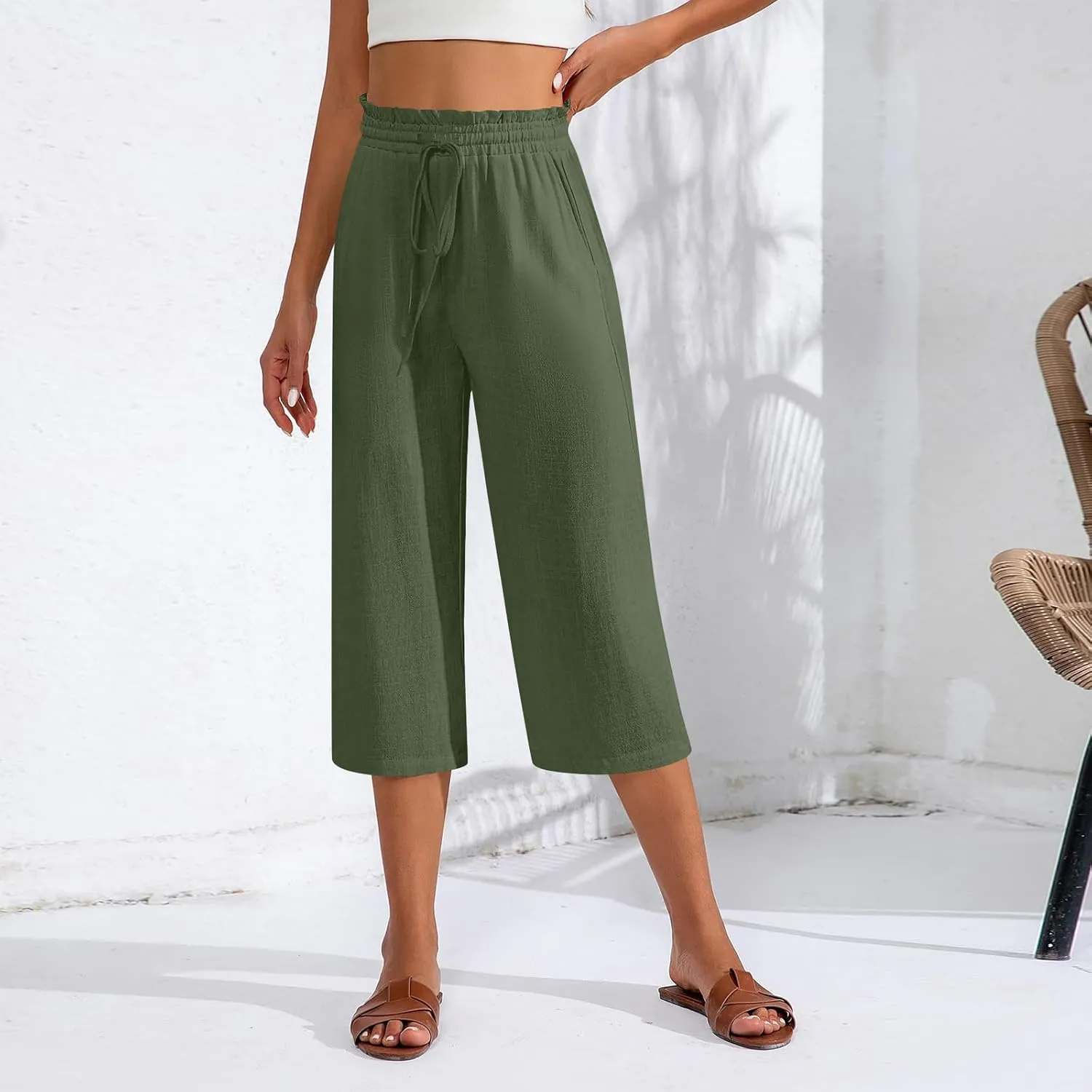Capri Pants for Women Elastic High Wasited Ruffle Straight Leg Linen Pants with Pockets Casual Loose Fit Beach Trouser