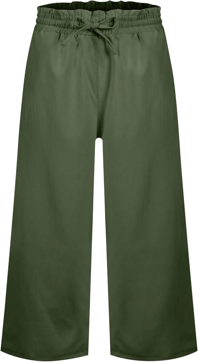 Capri Pants for Women Elastic High Wasited Ruffle Straight Leg Linen Pants with Pockets Casual Loose Fit Beach Trouser