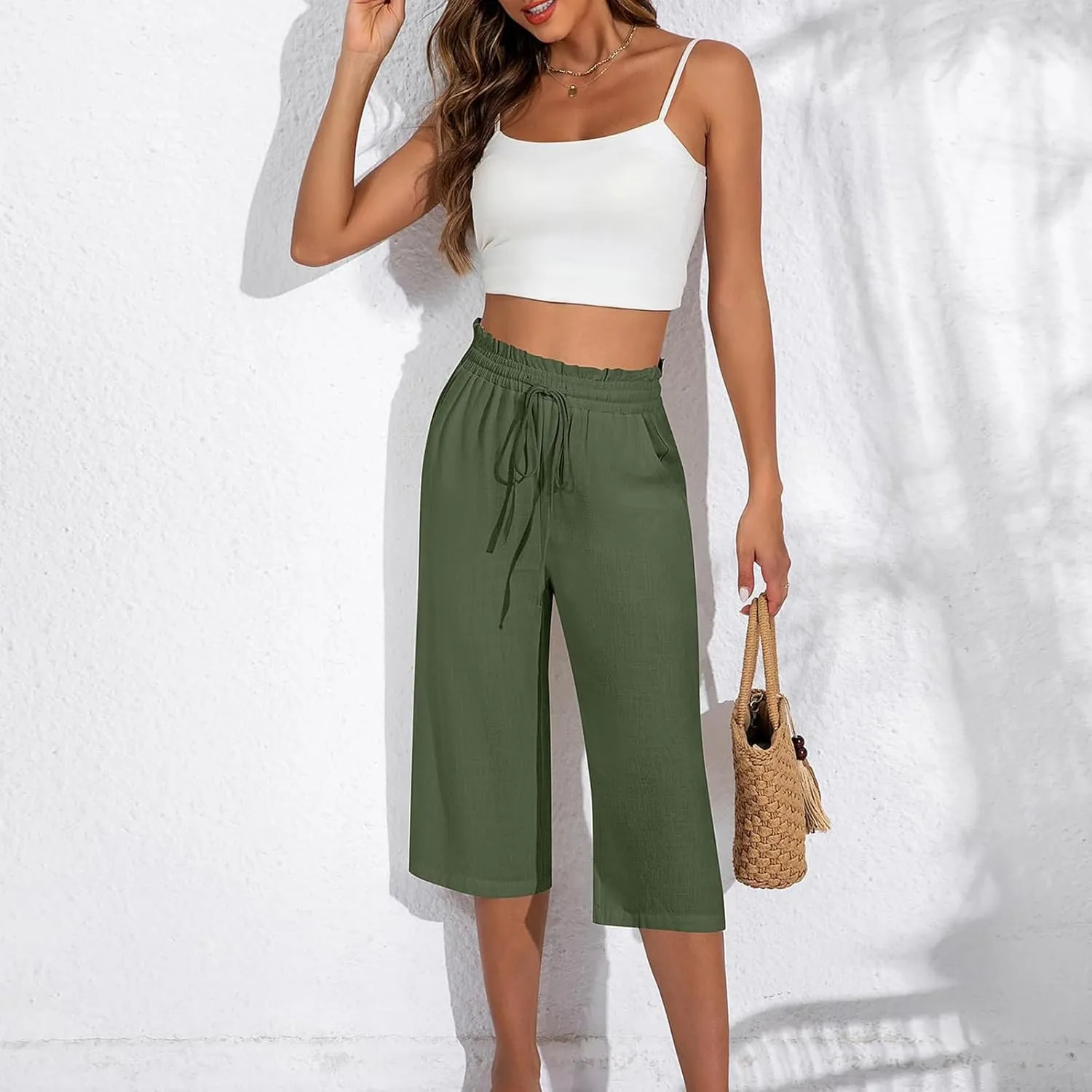 Capri Pants for Women Elastic High Wasited Ruffle Straight Leg Linen Pants with Pockets Casual Loose Fit Beach Trouser