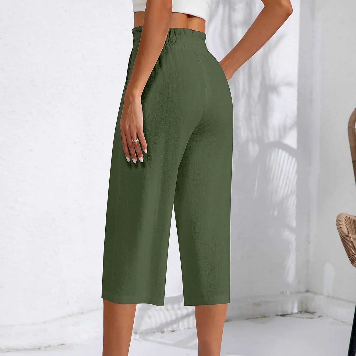 Capri Pants for Women Elastic High Wasited Ruffle Straight Leg Linen Pants with Pockets Casual Loose Fit Beach Trouser