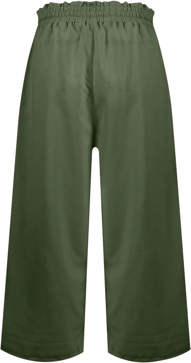 Capri Pants for Women Elastic High Wasited Ruffle Straight Leg Linen Pants with Pockets Casual Loose Fit Beach Trouser