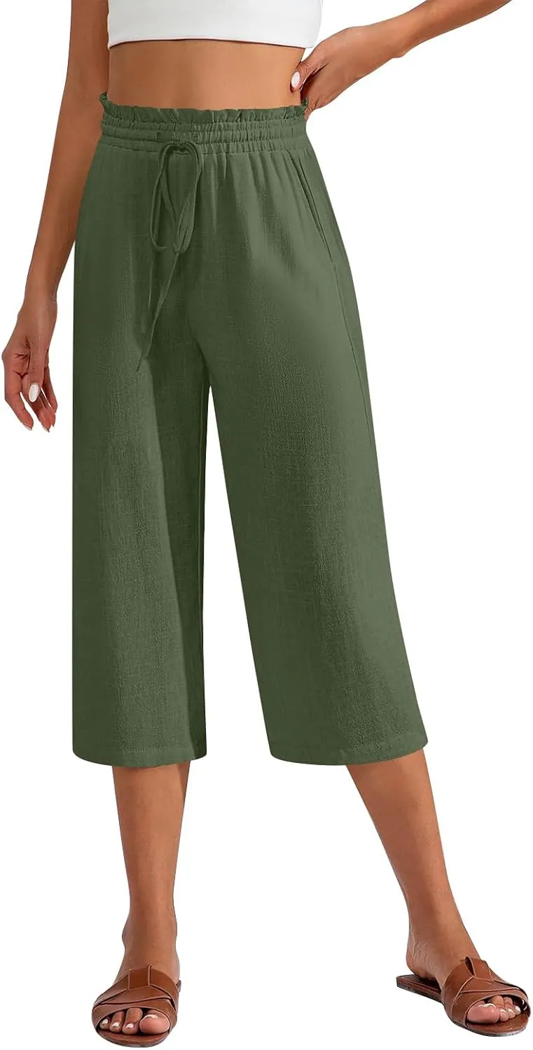 Capri Pants for Women Elastic High Wasited Ruffle Straight Leg Linen Pants with Pockets Casual Loose Fit Beach Trouser