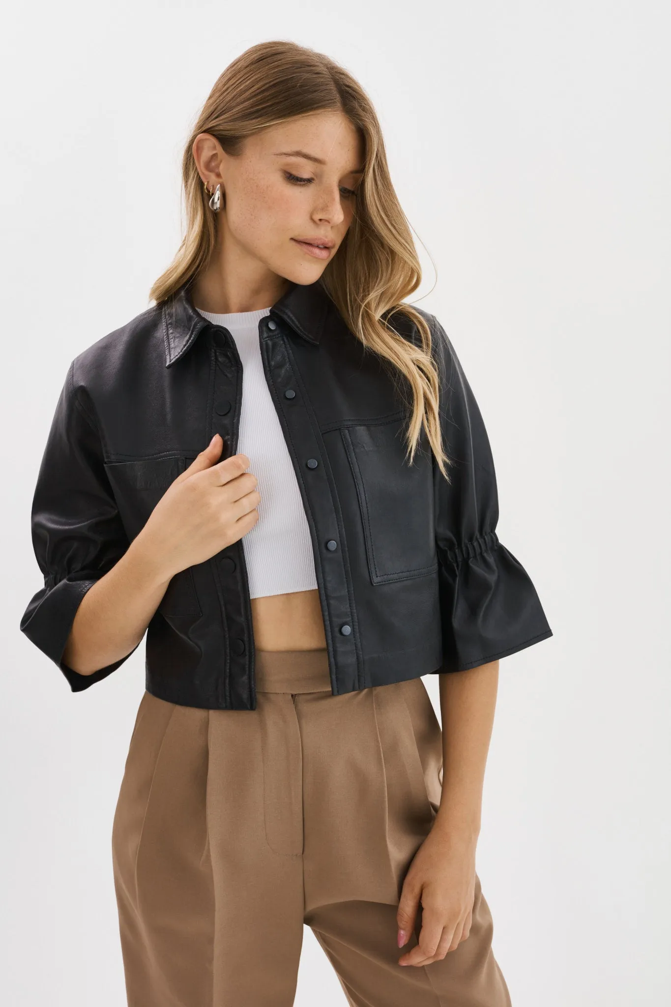 Carolina Cropped Ruffle-Sleeve Leather Jacket