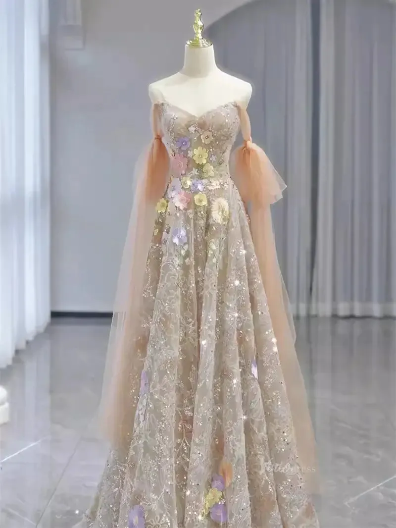 Champagne Sparkly Lace Prom Dresses with Extra Long Sleeve & 3D Flower - FD5110