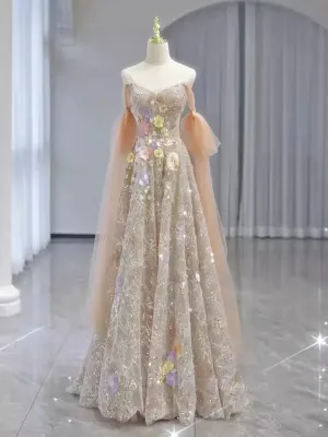 Champagne Sparkly Lace Prom Dresses with Extra Long Sleeve & 3D Flower - FD5110