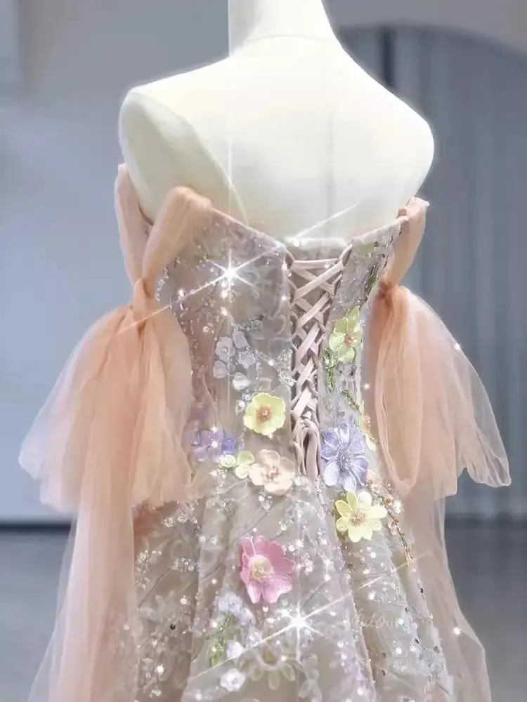 Champagne Sparkly Lace Prom Dresses with Extra Long Sleeve & 3D Flower - FD5110