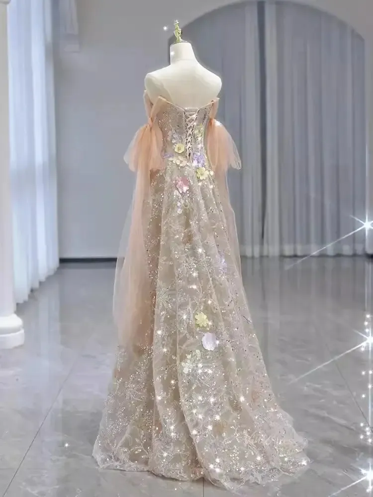 Champagne Sparkly Lace Prom Dresses with Extra Long Sleeve & 3D Flower - FD5110