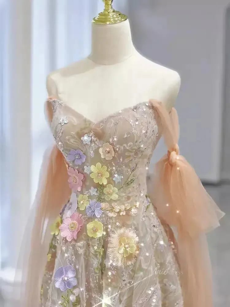 Champagne Sparkly Lace Prom Dresses with Extra Long Sleeve & 3D Flower - FD5110