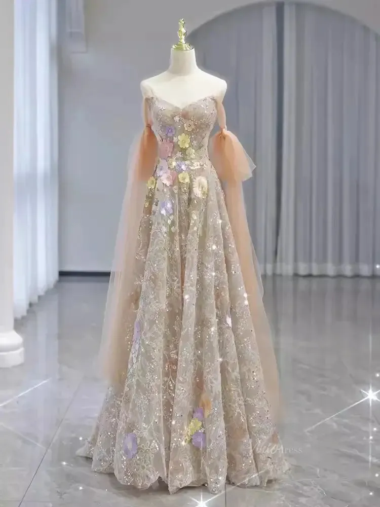 Champagne Sparkly Lace Prom Dresses with Extra Long Sleeve & 3D Flower - FD5110