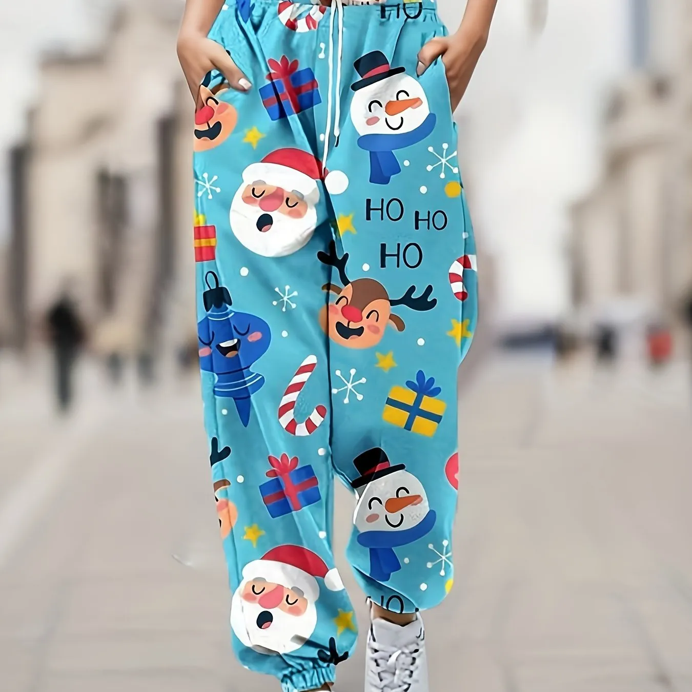 Cozy Women's Christmas Cartoon Print Joggers - Casual Slant Pockets, Drawstring Elastic Waist, Fall & Winter Essential