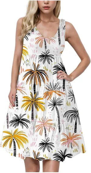 Floral Print Tank Dress for Women Round Neck Sleeveless Midi Dresses 2025 Trendy Summer Boho Sundress