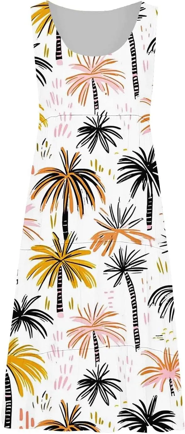 Floral Print Tank Dress for Women Round Neck Sleeveless Midi Dresses 2025 Trendy Summer Boho Sundress