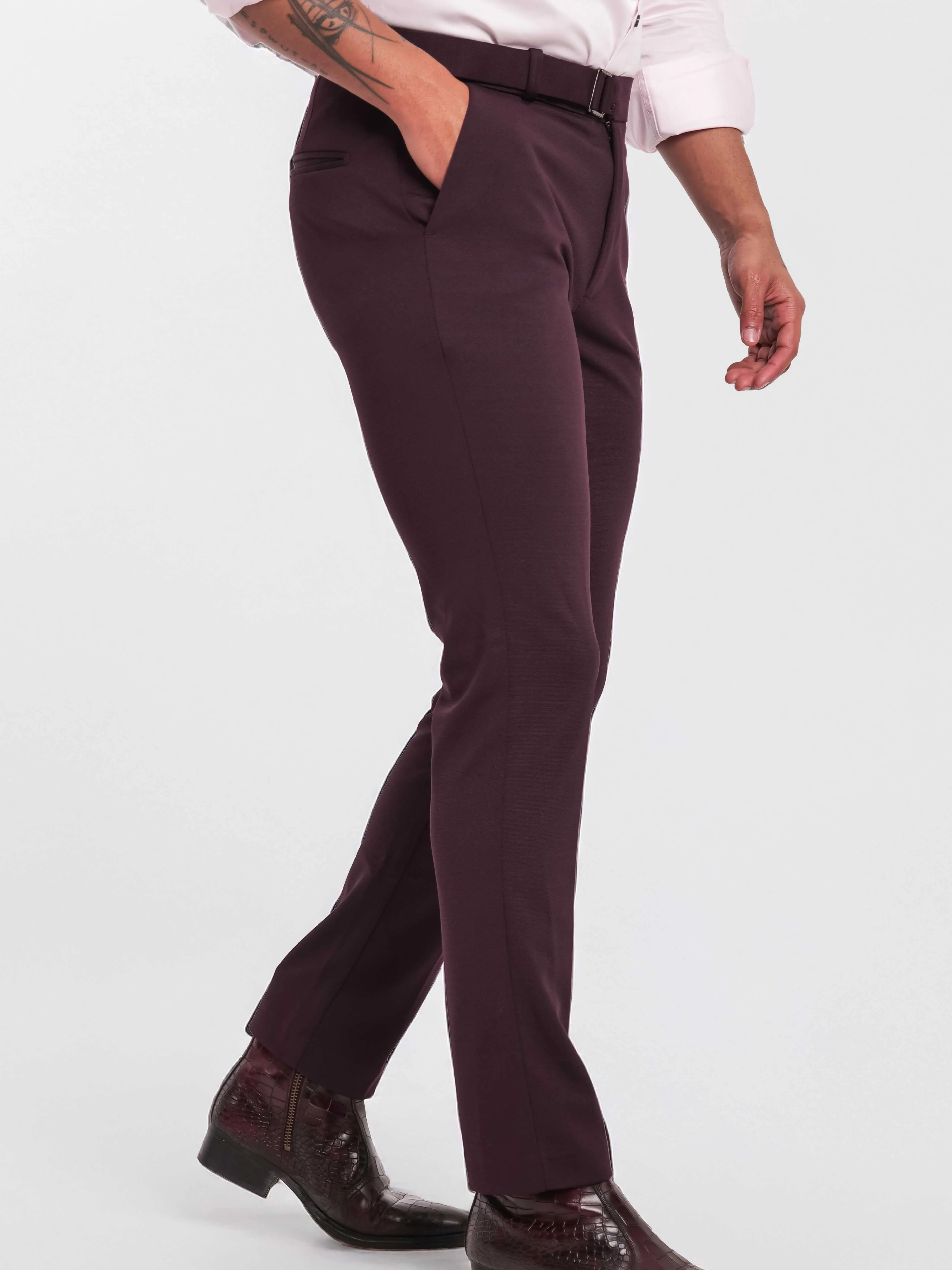 Foomer Dark Wine Sharp Fit Cotton Trouser For Men's