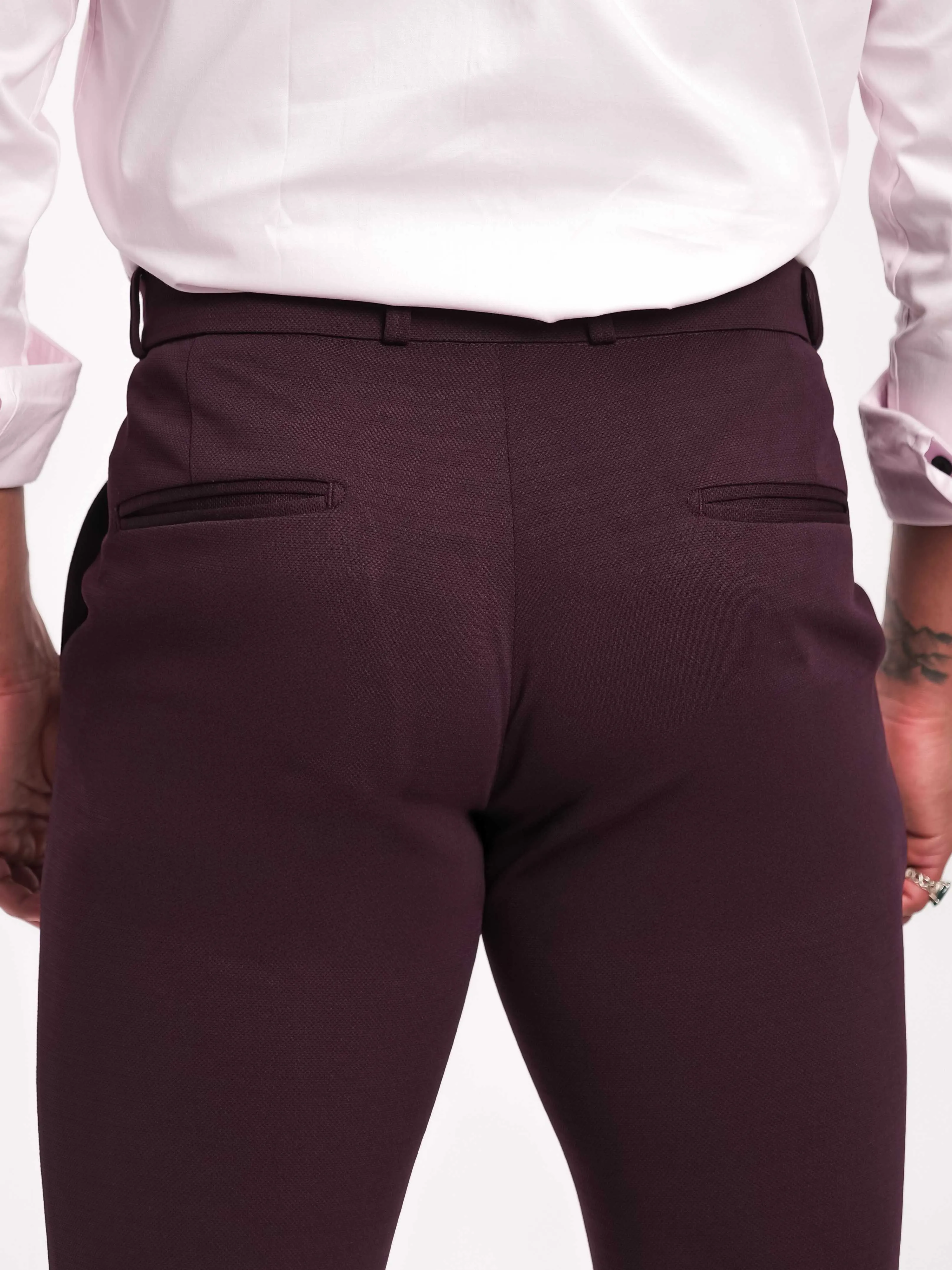 Foomer Dark Wine Sharp Fit Cotton Trouser For Men's