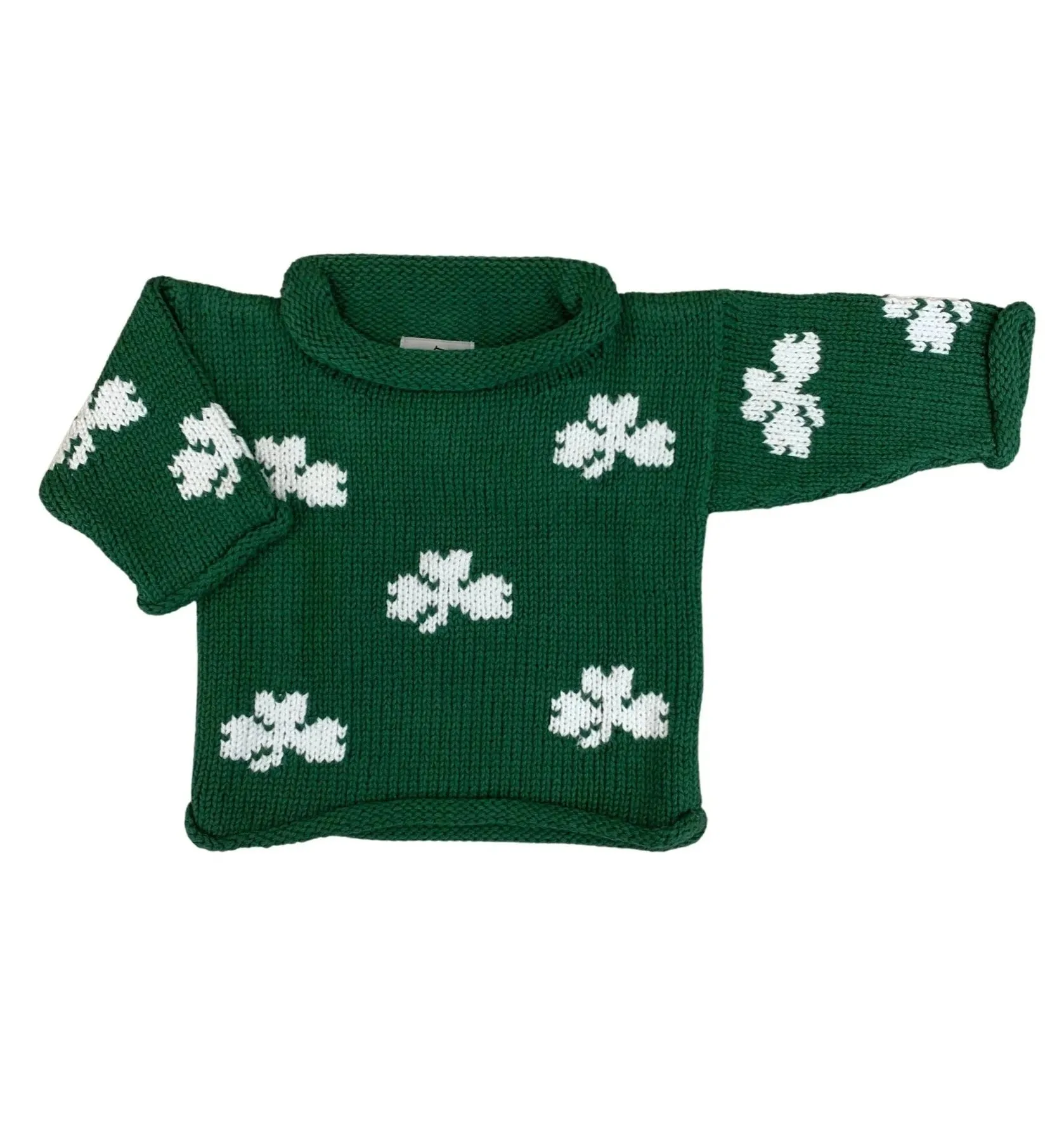 Green All Over White Shamrocks Roll Neck Sweater