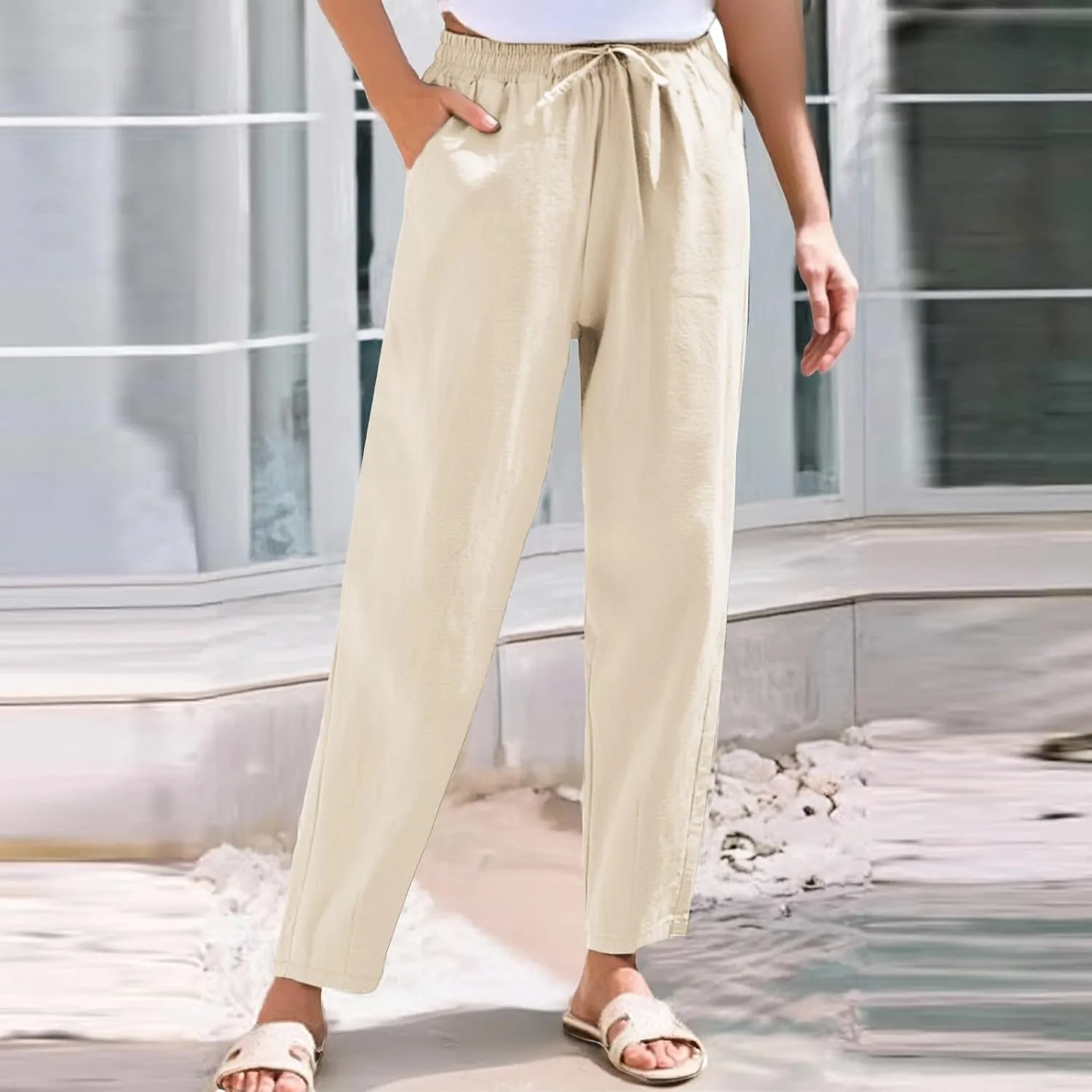 HXHYQKP Women's Cotton Linen Straight Leg Pants Elastic Drawstring Casual Summer Beach Lounge Trousers with Pockets