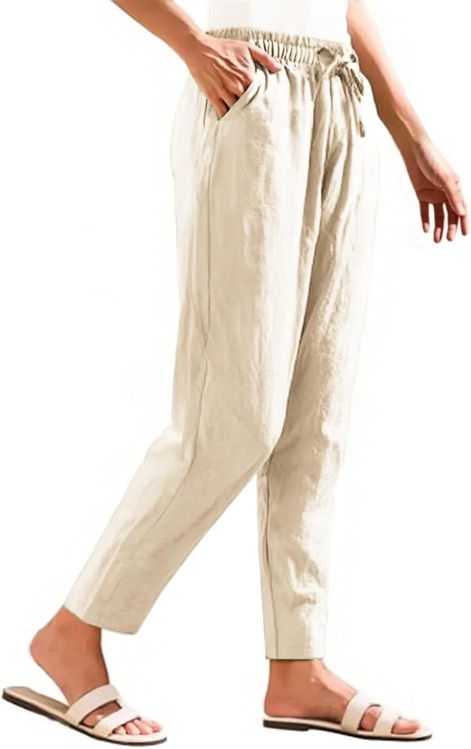 HXHYQKP Women's Cotton Linen Straight Leg Pants Elastic Drawstring Casual Summer Beach Lounge Trousers with Pockets