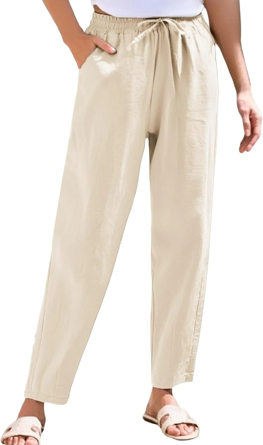 HXHYQKP Women's Cotton Linen Straight Leg Pants Elastic Drawstring Casual Summer Beach Lounge Trousers with Pockets