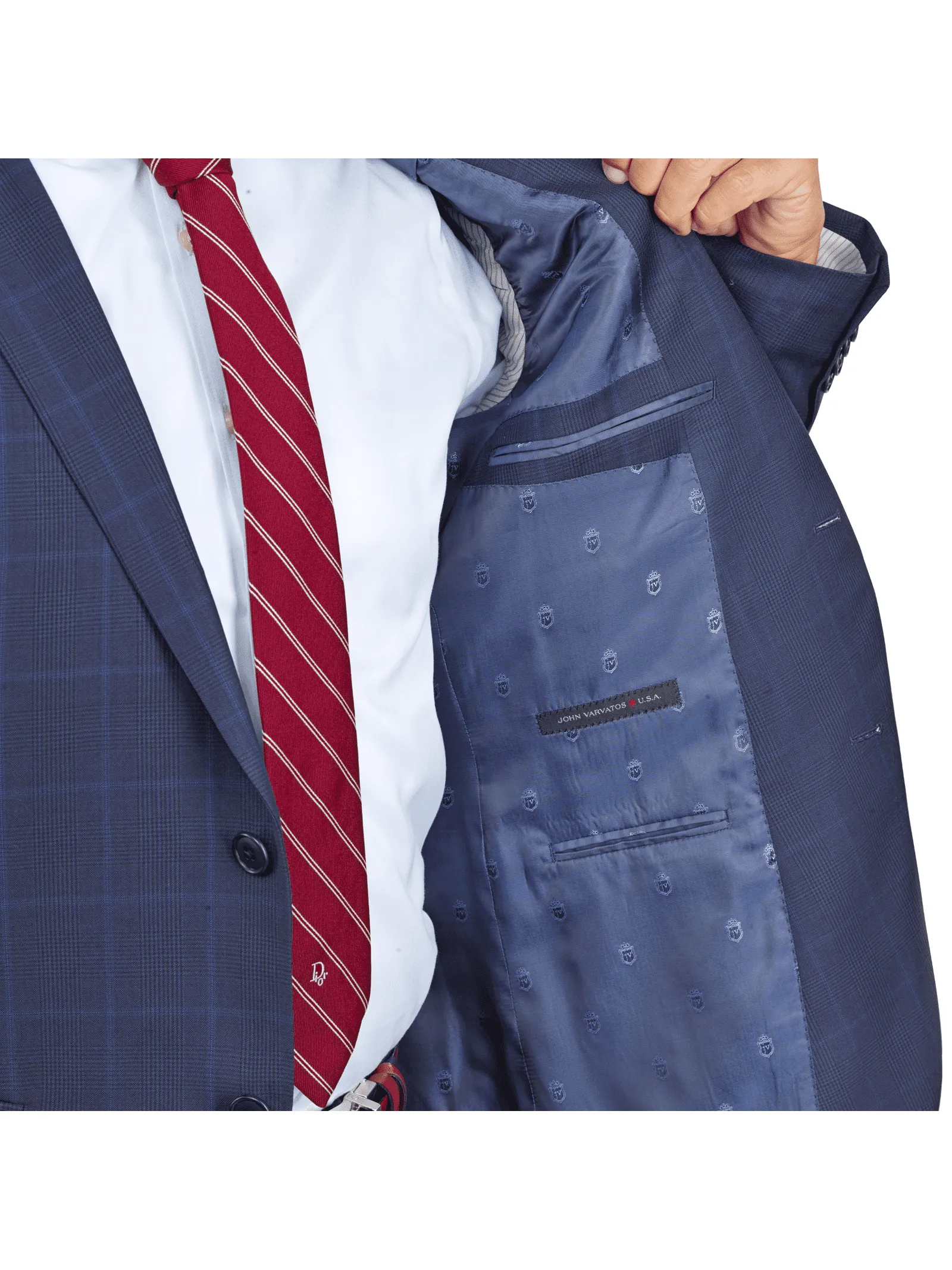 John Varvatos Mens Slim Fit Navy Blue Plaid Two Button Wool Suit