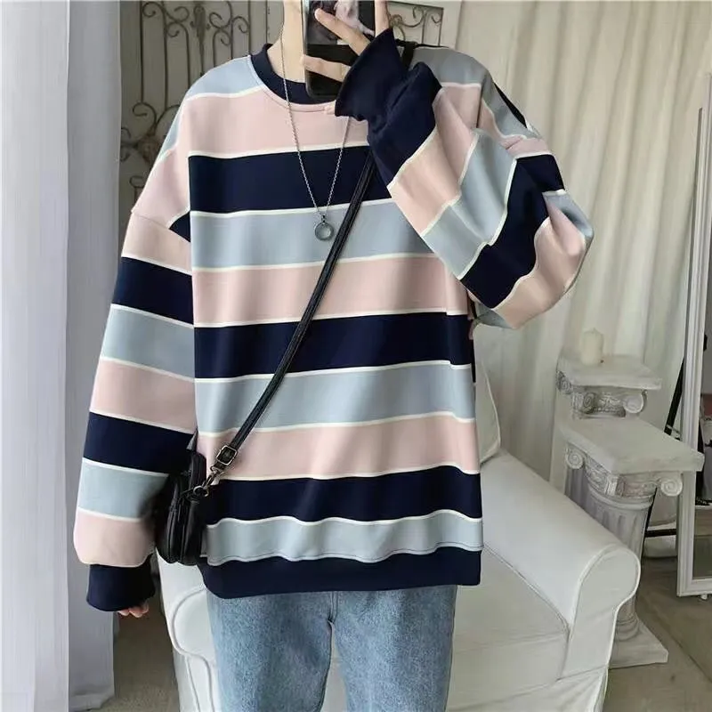 Long-sleeved striped T-shirt men's Korean loose hip hop top trend all-match handsome Hong Kong style O-neck casual sweatshirt