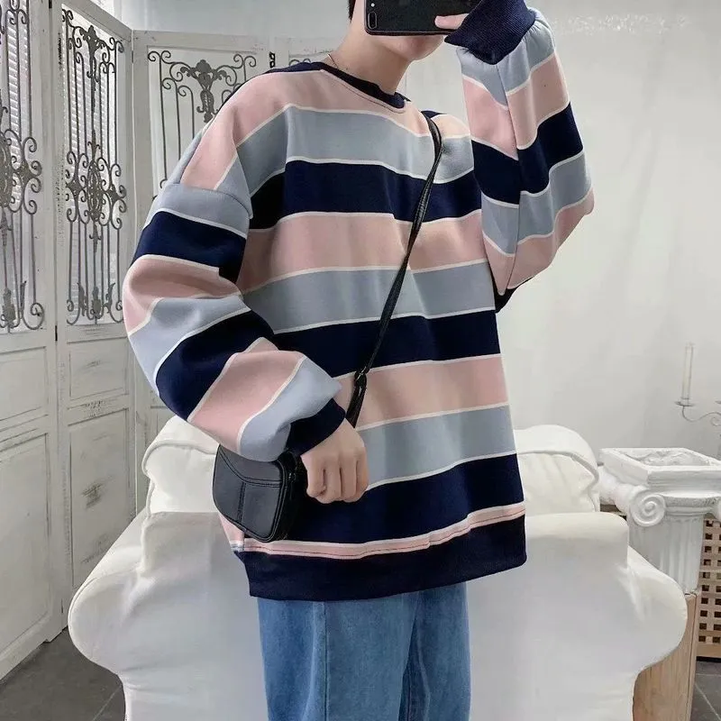 Long-sleeved striped T-shirt men's Korean loose hip hop top trend all-match handsome Hong Kong style O-neck casual sweatshirt