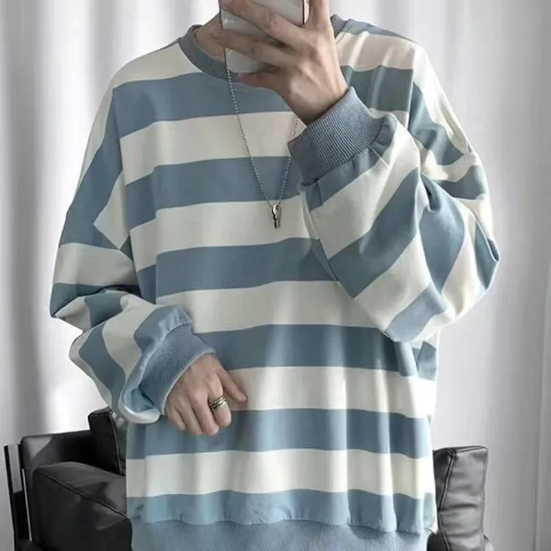Long-sleeved striped T-shirt men's Korean loose hip hop top trend all-match handsome Hong Kong style O-neck casual sweatshirt