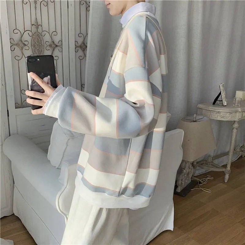 Long-sleeved striped T-shirt men's Korean loose hip hop top trend all-match handsome Hong Kong style O-neck casual sweatshirt