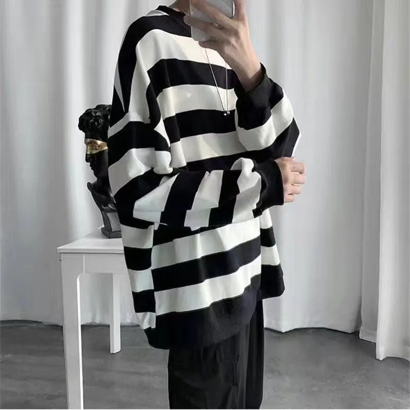 Long-sleeved striped T-shirt men's Korean loose hip hop top trend all-match handsome Hong Kong style O-neck casual sweatshirt