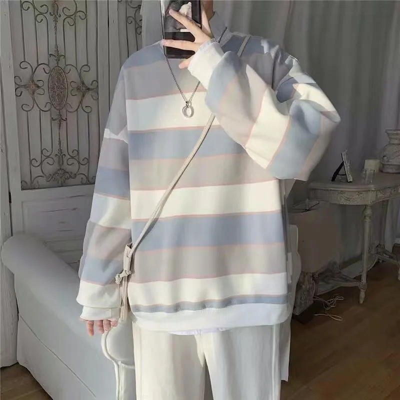 Long-sleeved striped T-shirt men's Korean loose hip hop top trend all-match handsome Hong Kong style O-neck casual sweatshirt