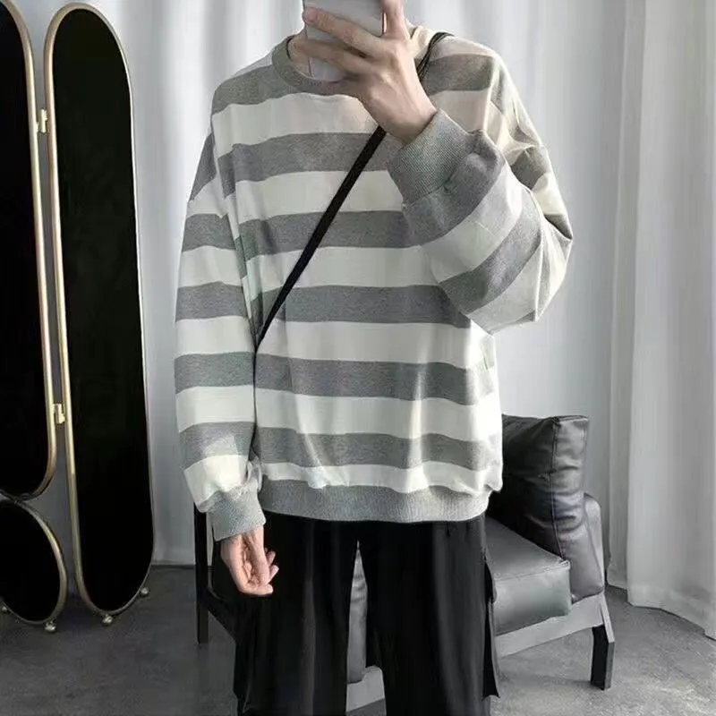 Long-sleeved striped T-shirt men's Korean loose hip hop top trend all-match handsome Hong Kong style O-neck casual sweatshirt