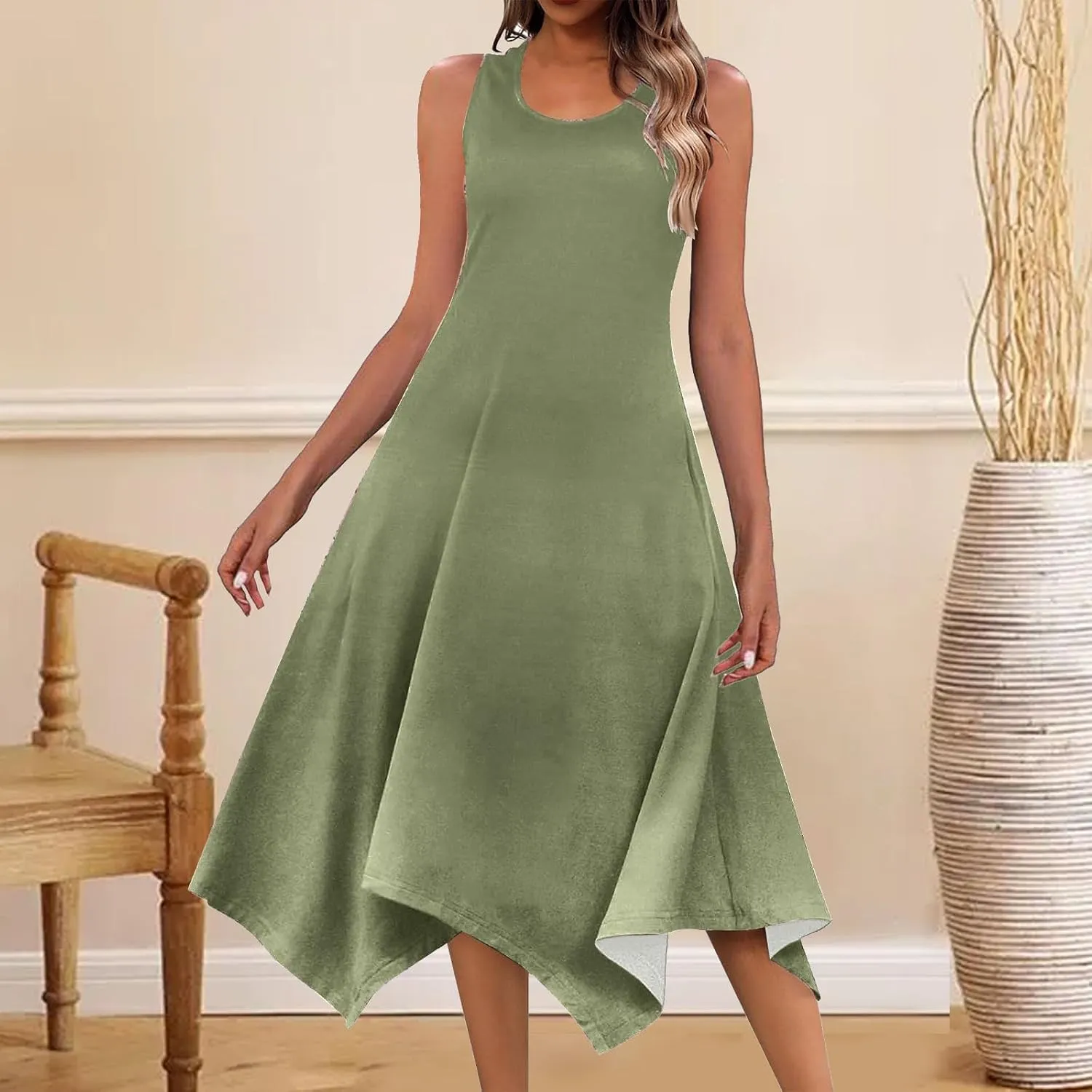 Long Summer Dresses for Women 2024 Casual Plus Size Irregular Hankerchief Hem Maxi Dress Tank Dresses with Pockets
