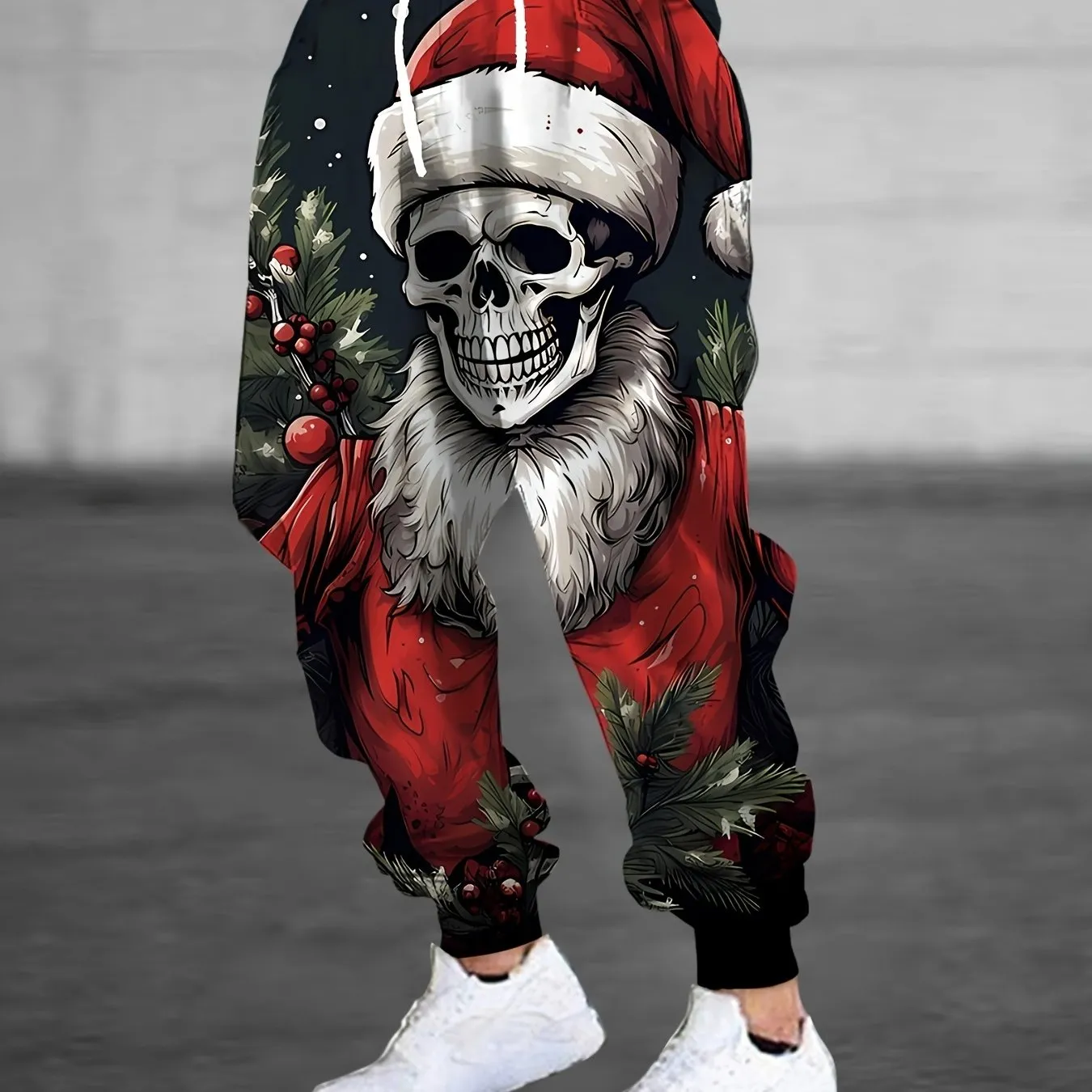Men'S Fashion 3D Christmas Santa Skull Print Casual Polyester Sweatpants with Drawstring and Pockets - Slight Stretch Knit Fabric Regular Fit Joggers