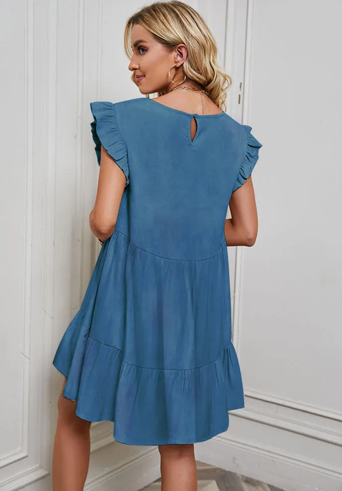 New Solid Color Round Neck Ruffle Sleeve Spring/Summer Dress